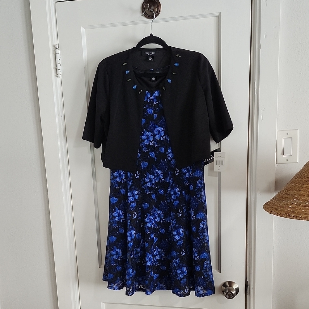 R&M Richards Black Cropped Jacket with Blue Floral Midi Dress